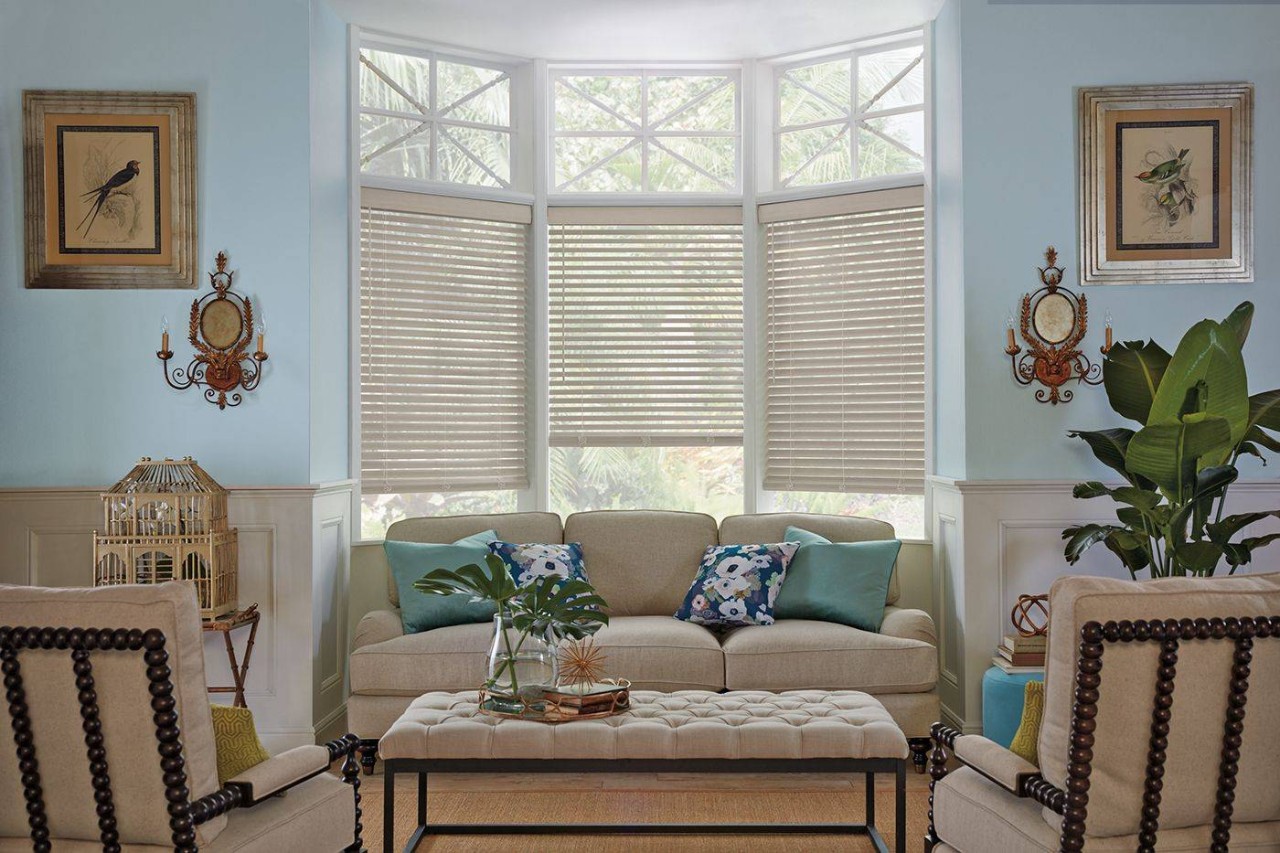 Elegant home interior decorated with Hunter Douglas Parkland® Wood Blinds near Virginia Beach, Virginia (VA)