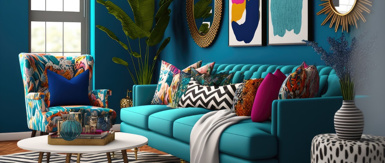 teal living room with plants and paintings